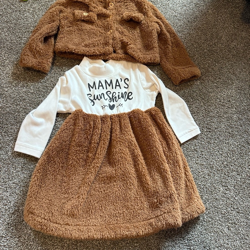 Brown Fuzzy Jacket and White Dress Set